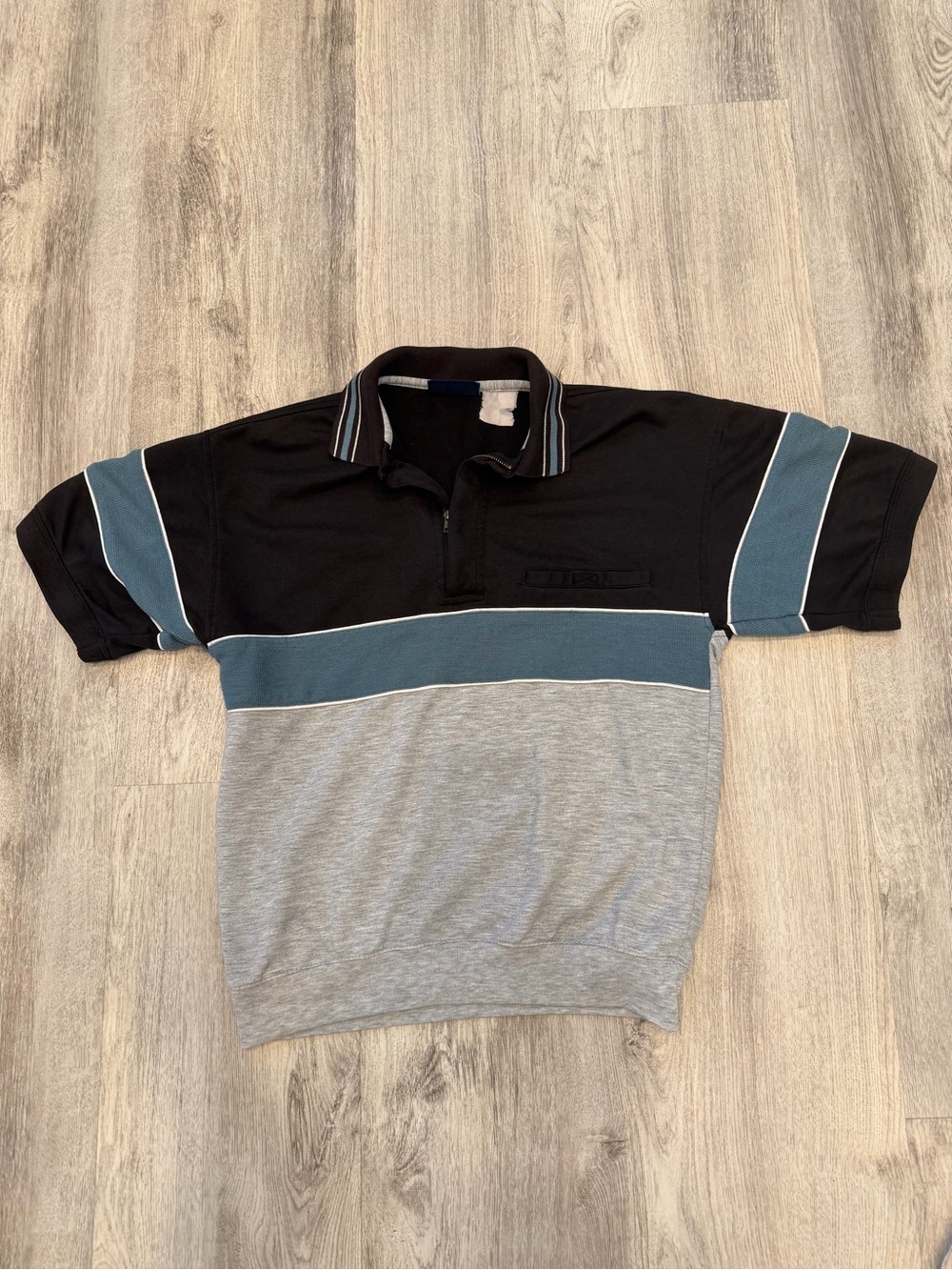 Vintage Puritan Colorblock Polo Shirt Black Blue Gray Retro 80s 90s